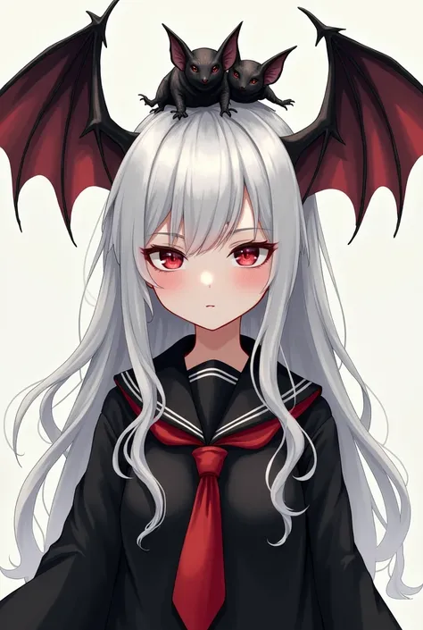 Girl with white hair and black Japanese sailor school uniform with red tie, and two bats on his head