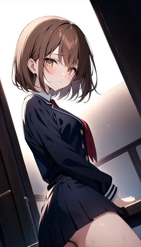 ((Dramatic angle)),japanese highschool girl,look behind,brown bob hair,masterpiece, highest quality,colorful light ,pale paint color