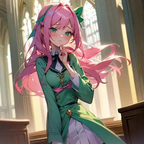 1 girl, hip length pink hair, Gentle appearance, emerald green eyes, anime style school uniform, High resolution, detailed face, shy, ashamed, hair accessory, Love, hair Love, Excited, masterpiece, breasts, praying to God in a church with eyes closed