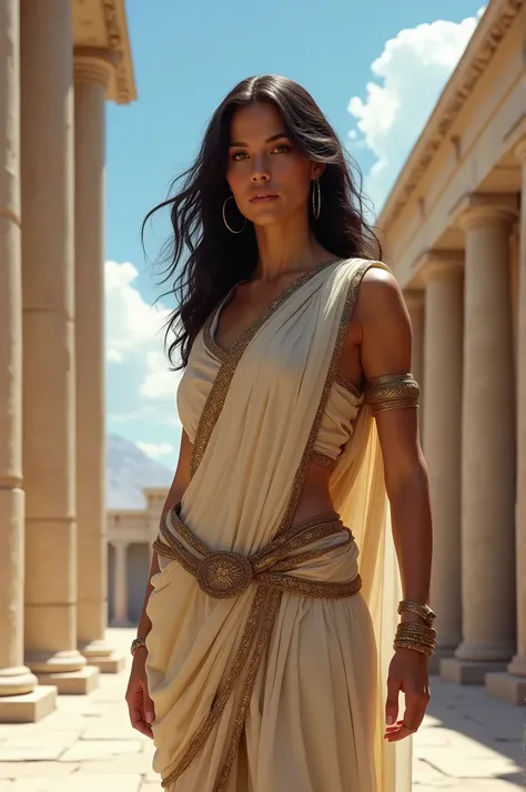 A Spartan woman of stunning beauty, representing the wife of Leonidas in ancient Greece. She is dressed in a light tunic that highlights her figure., with subtle brocade details that reflect her status. The tunic falls fluidly, showing off her elegance, wh...