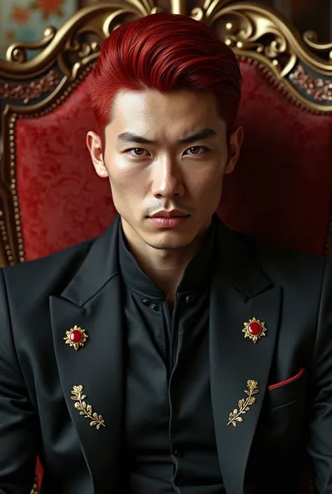 The face of a handsome Asian guy with red hair sitting on a throne