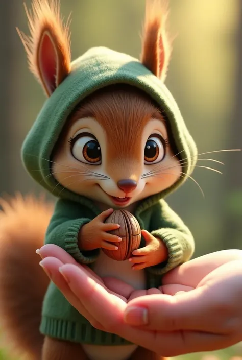 超高画質3D Animation、Cute squirrel、Eating a walnut from his hand。Squirrel、Hooded、Wearing a green hoodie。3D Animation