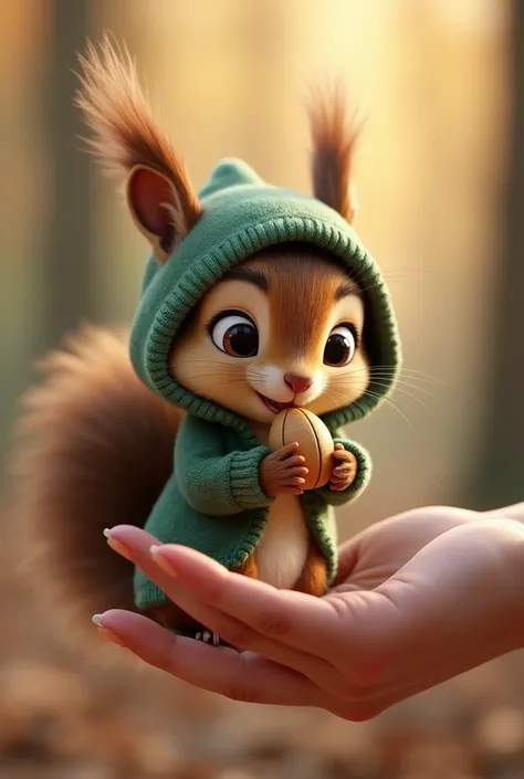 超高画質3D Animation、Cute squirrel、Eating a walnut from his hand。Squirrel、Hooded、Wearing a green hoodie。3D Animation