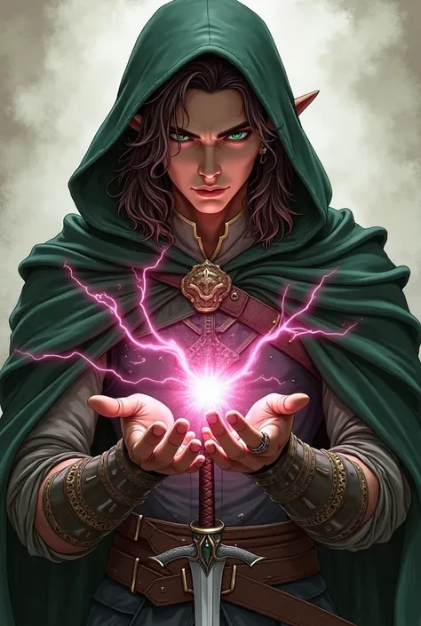 fantasy male character with elven features, dark skin, medium dark wavy brown hair, wearing a dark green cloak (hood down), glasses, emerald green eyes, relaxed expression, looking down at his own hands, holds a sword in one hand and has a pink magical spa...