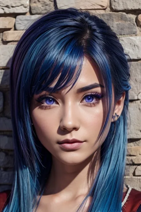 sim miko, blue hair, purple eyes, Stone wall art