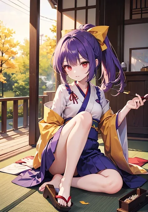 1girl, komakusa sannyo (touhou), red eyes, purple hair, ponytail, yellow ribbon, japanese clothes, kimono, purple skirt, geta, kiseru, folding fan, smoking, smoking pipe,