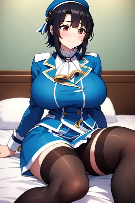 takao from kancolle、black bob hair、beautiful eyes、busty、huge and bouncy breasts、blushed cheeks、smile、hat、tights、sitting on bed i...