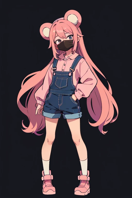 Solo Teddy Bear 1 Girl Pink Hair Black Background Parody Plush Toy Overalls Long Hair Simple Background Blindfold Plush Animal Cosplay Blue Overalls Axe Long Sleeve Full Body Holding Hat Shoes Emotimask: Beautiful cute pink hair with clip