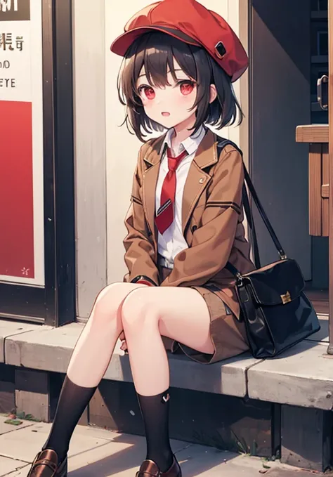 1girl, shameimaru aya (newsboy), red eyes, black hair, flat cap, brown hat, brown jacket, brown shorts, white shirt, red necktie, white kneehighs, brown shoes, shoulder bag,