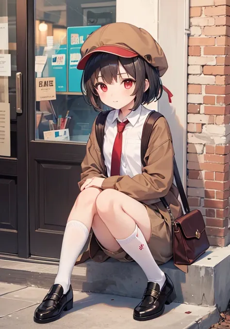 1girl, shameimaru aya (newsboy), red eyes, black hair, flat cap, brown hat, brown jacket, brown shorts, white shirt, red necktie, white kneehighs, brown shoes, shoulder bag,