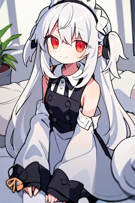 Anime Style　One beautiful girl　White Hair　Gray Hair　White Hair　Long Hair　Red eyes　A big smile　A cheerful smile