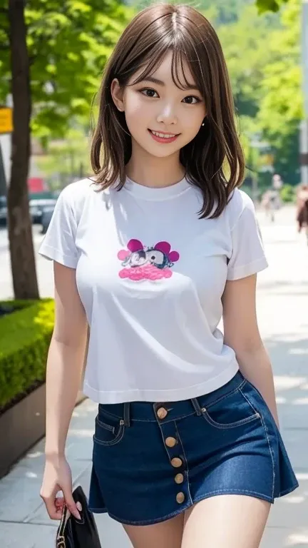 One 21-year-old girl、Bob Hair、Brown Hair、Medium breast、smile、T-shirts with text、Flared mini skirt、boots、Walking along the park、Masterpiece:1.3、Raw photo quality、Best Quality、Detailed Description:1.3、Detailed Background、