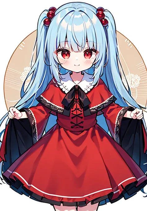 1girls, {{{{shinki_(touhou)}}}}, silver_long_hair, side ponytail, hair_bobbles, jewelry red eyes, glossy eyes, red_dress, white_frills, long_sleeves, ballgown, red capelet, alphes_(style), kind smile