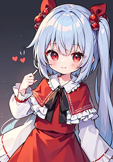 1girls, {{{{shinki_(touhou)}}}}, silver_long_hair, side ponytail, hair_bobbles, jewelry red eyes, glossy eyes, red_dress, white_frills, long_sleeves, ballgown, red capelet, alphes_(style), kind smile