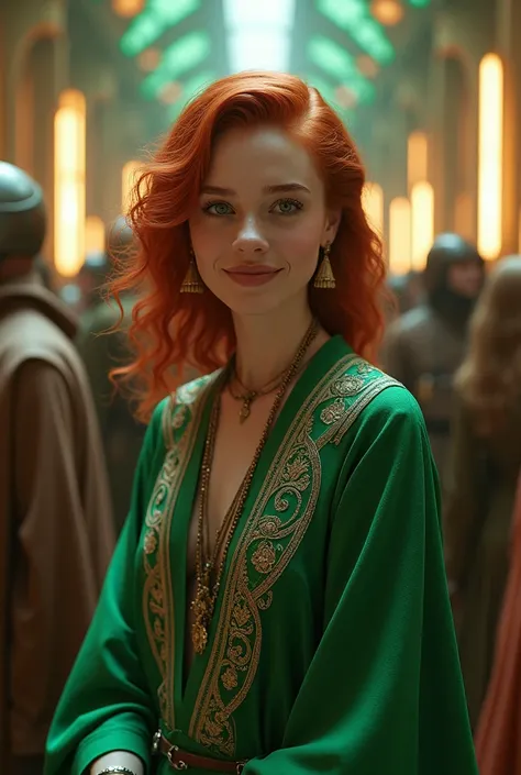 a beautiful redheaded girl with striking green eyes,a gorgeous green robe with accessories,a star wars futuristic setting,a large gathering of people dressed up,extremely detailed eyes and face,longeyelashes,intricate ornate details on the robe,futuristic ...