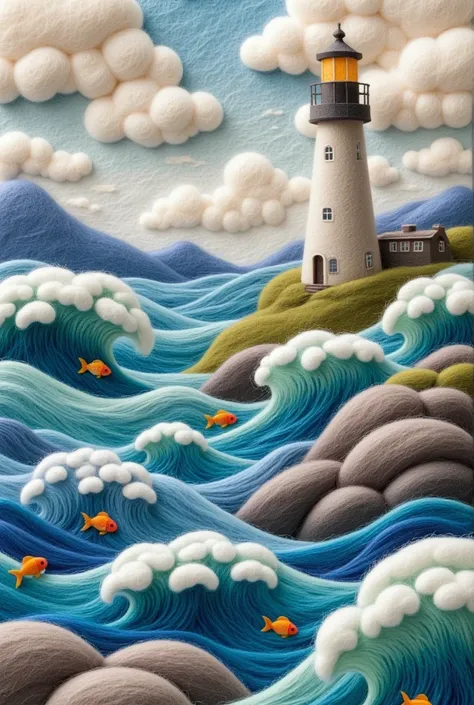 felt art：a beautiful felt painting，(lighthouse)，waves，fish，dreamy and beautiful，