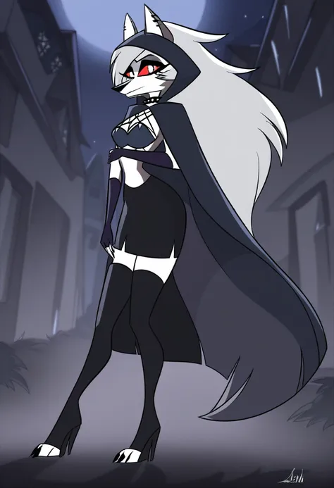 (1girl, solo), perfect body, slim, thigh highs, fingerless gloves,
anthro, robe, furry, cape covering full body, long skirt, pose, sexy, black cape and cloak, hood covered head, night, walking
Loona (Helluva Boss), 