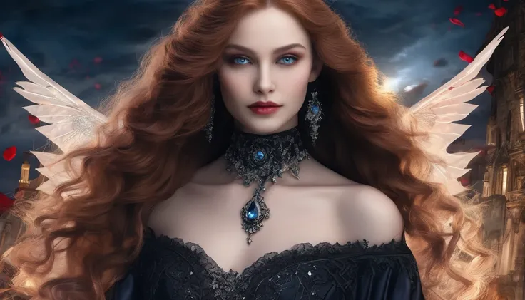 Vampire Princess, 18years old, breathtakingly beautiful, curly long redhair (blue eyes high quality, masterpiece:1.2), ultra-detailed, (realistic, photo-realistic:1.37), softly glowing pale skin, pure blooded, porcelain-like complexion, elegant and refined...