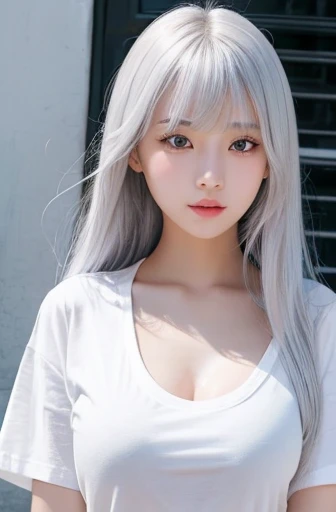 Pure white skin、Silver hair、bangs、Shadow on the eye、Asian、Beauty、High image quality、cute、Girl、beautiful、Large Breasts、The clothes are white and thin T-shirts、Beautiful breasts、