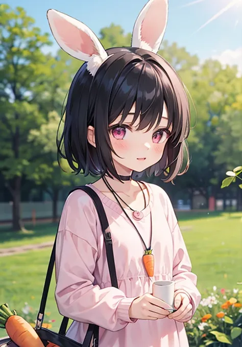 1girl,inaba tewi ,rabbit girl,black hair,short hair,pink clothes,long sleeves,carrot necklace,	