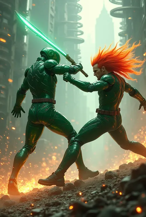 Fire-haired man fighting a warrior in futuristic emerald-colored armor