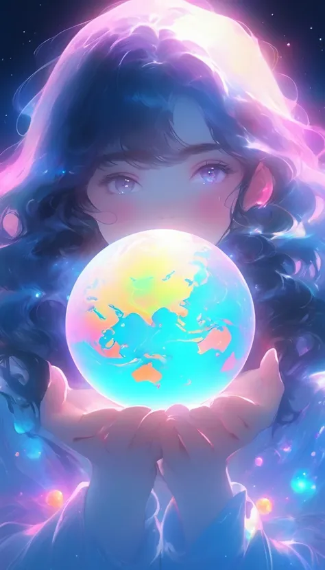 A girl holding a planet in her arms，close up，Glowing fluorescent feeling，Transparency，dream，Monets color scheme，Texture Matte，high quality，High Definition，Rose red，blue，Neon light，Space Background, beautiful fingers