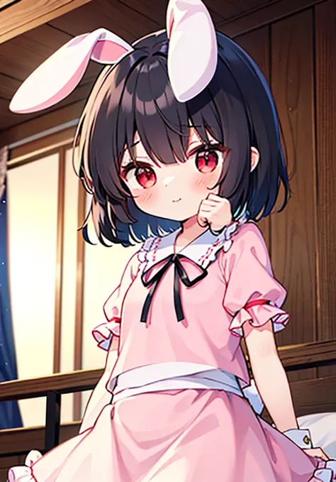 1girl, inaba tewi (touhou), red eyes, rabbit girl, black hair, short hair, wavy hair, rabbit ears, floppy ears, rabbit tail, pink dress, ribbon-trimmed dress, pink shirt, puffy short sleeves, frilled sleeves, pink skirt, ribbon-trimmed skirt,		