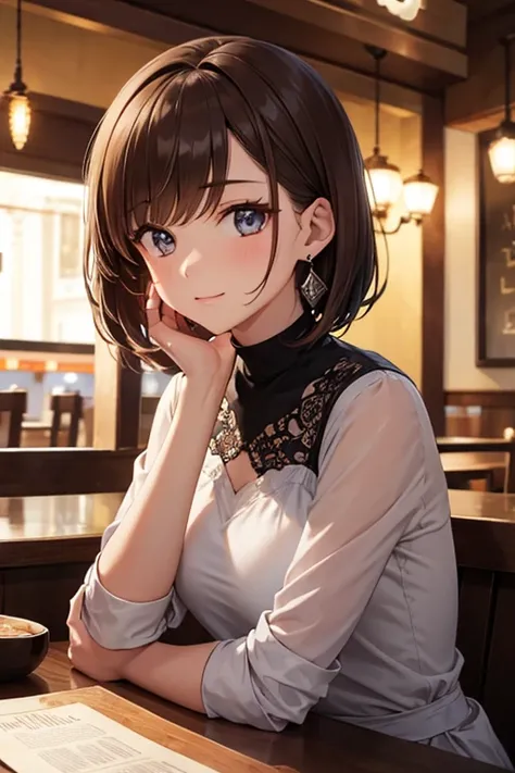 One girl,Brown Bob,Date at a restaurant at night,Earrings