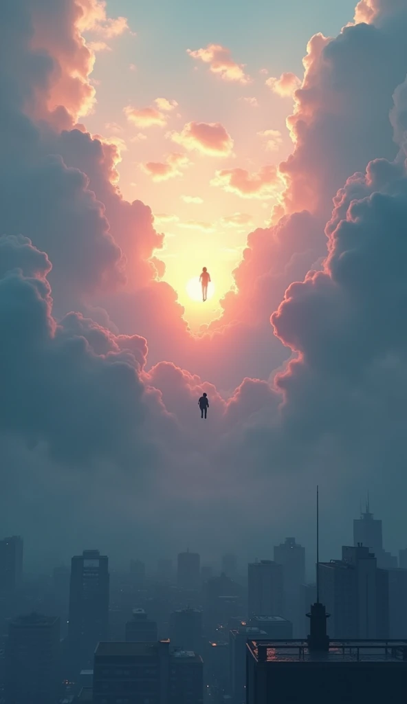 live-action、Real、A dramatic scene of a person falling from the sky during sunrise, with the entire sky filled with thick, billowing clouds in various shades of white, gray, and tinges of pink, orange, and purple from the rising sun. The clouds stretch endl...