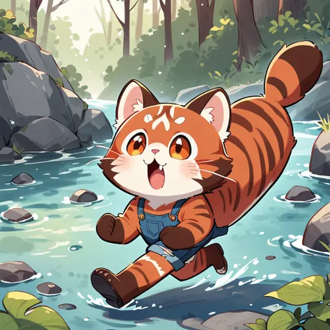 Red panda running by forest stream,Have fun playing