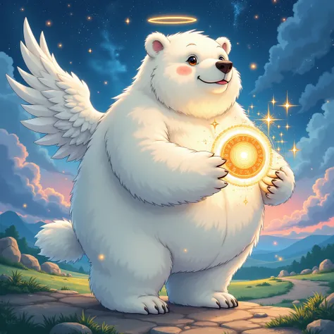 chibi, angel, a plump middle-aged polar bear man, angel wings, full body in michelangelo buonarroti style, digital illustration ...