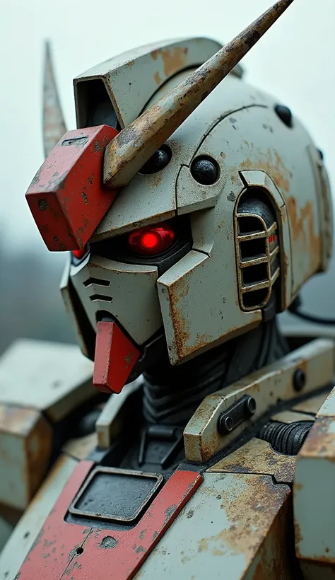 Head close-up "G Texture Style 2079 Blend" Gundam decal surface texture,Light grey and red aircraft、Under repair、Damaged by battle、Poland Suburbs