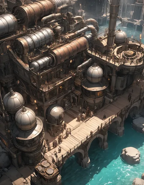 Steampunk community colony, big fictional device to produce water from vapor, big fictional device to collect assets from the earth