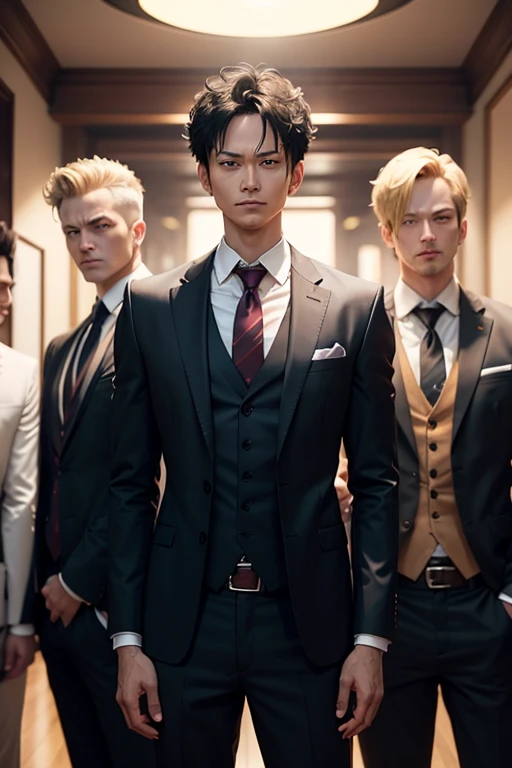 Luffy, Zoro and Sanji standing in suits and ties、Please keep your body and head straight in the photo, Towards the viewer of the photo, Focus on the lens, In the photo you can see the shoulders and head, The man in the center of the picture, 8k, Best Quali...