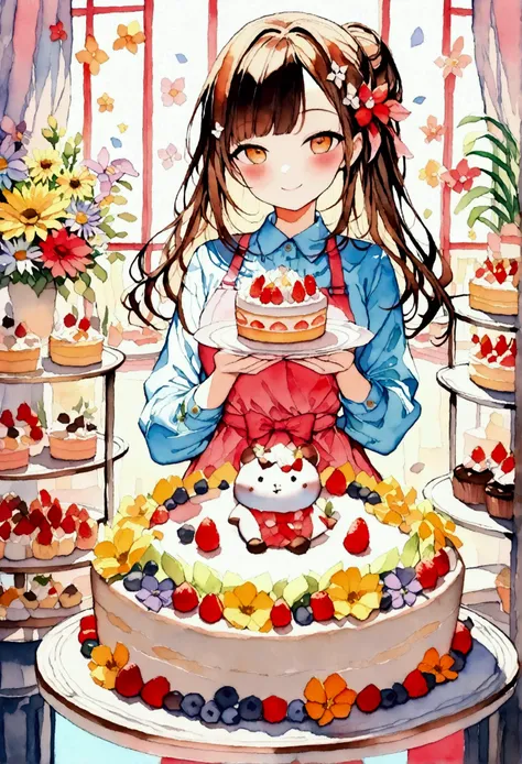 creative and cute images，a cute little chinese girl，smiling in an apron((simple and hardworking cake shop girl，she holds a cake ...