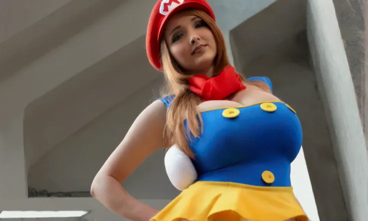 A cute woman in sexy cosplay as video game mario at a lesbian video game convention, view from low angle show all of mario, crowded convention