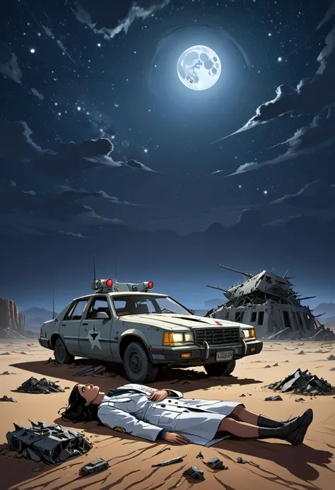 "A dark, desolate desert scene at night with ruins of an abandoned military base in the background. The area is littered with debris, broken structures, and wrecked vehicles. In the center, two figures—Dr. Blake and Dr. Megan—are standing over the weakened...