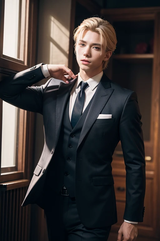 male、Blonde boys、Wearing a suit and tie、A photo with the body and head in a straight line, Turn the photo to face the viewer, Focus on the lens, In the photo you can see the shoulders and head, 写真の中心にいるmale, 8k, Best Quality, Tabletop, Realistic, Realistic...