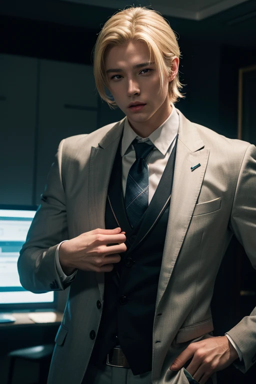 male、Blonde boys、Wearing a suit and tie、A photo with the body and head in a straight line, Turn the photo to face the viewer, Focus on the lens, In the photo you can see the shoulders and head, 写真の中心にいるmale, 8k, Best Quality, Tabletop, Realistic, Realistic...