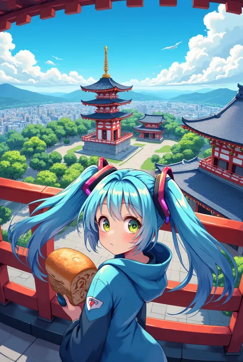 (masterpiece、Best Quality、Best Quality、Official Art、Beautiful and beautiful:1.2)、(One person:1.3)Hatsune Miku、Twin tails,Beautiful breasts,Kyoto Anime Style, pretty girl, Wearing a blue hoodie, (((Bright blue hair))), Small breasts, (((bread))), (((Small b...