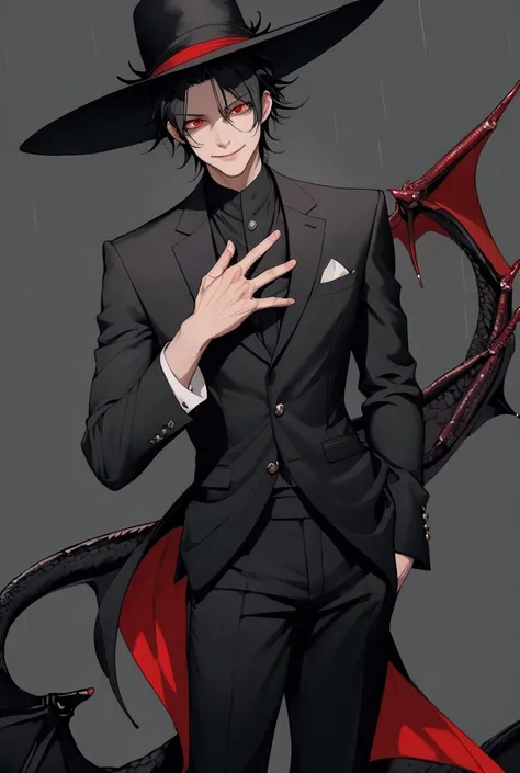 man, traje elegante, dark suit, black pants, black sneakers, dragons color negro, elegant hat, red eyes, possessed by sukuna, Rainy and dark environment, serious relaxed face, evil smile, black hair, black gloves, He carries an ounce in his hand, look at t...