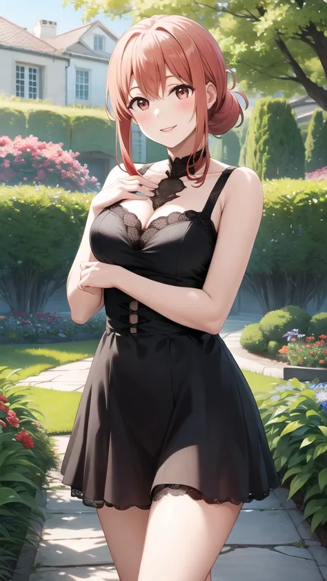 masterpiece, best quality, highres, gahamama, single hair bun, breasts, gothic, black dress, garden, standing, smile,