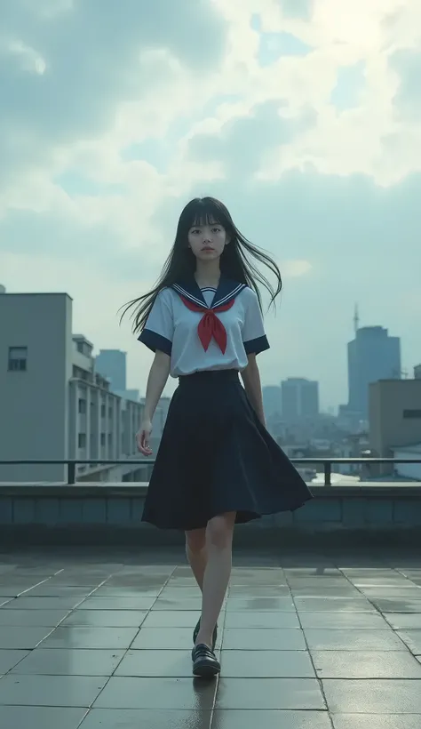 live-action、Real、A beautiful Japanese high school girl walking across the rooftop of a multi-tenant building、Student Uniform、Shibuya back alleys、cloudy