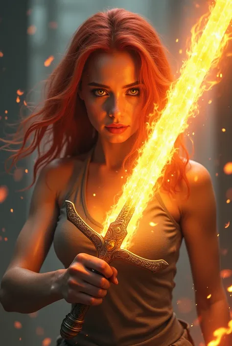 Young red-haired woman with yellow eyes with a flaming sword