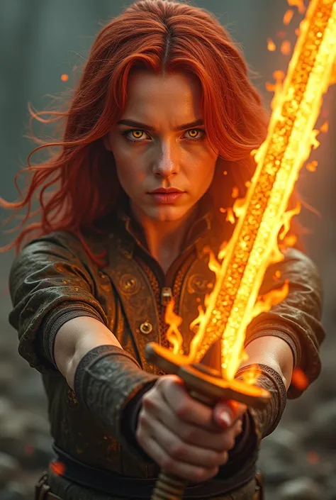 Young red-haired woman with yellow eyes with a flaming sword