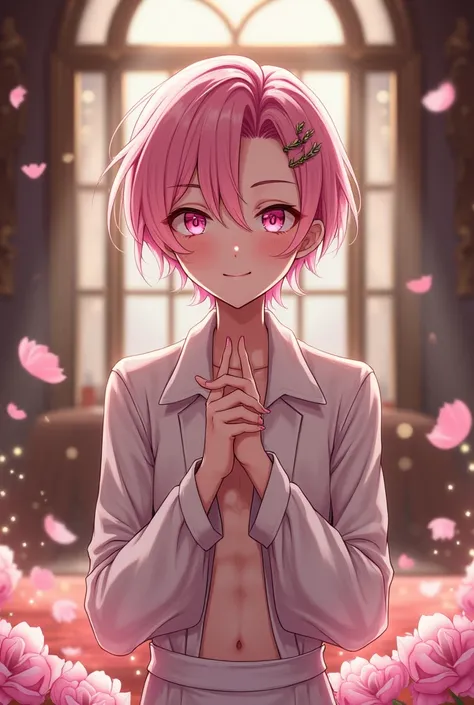 a beautiful young teenage boy with pink hair and pink eyes, light blush, and a hair ornament, with a baby face and slim, toned, slender body with nice abs and 6 packs, wearing revealing clothes, portrayed as a butler during the medieval times, serving the ...