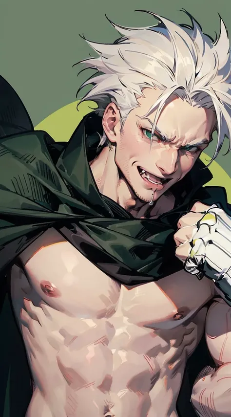 male character, muscular, pink skin, spiky white hair, pink bodysuit accented by a  green  fabric, flowing black cape, sharp claws, pink skin, punching enemy, strong, evil smile, detailed face, detailed background, empty eyes, drooling, Colorful, bold outl...