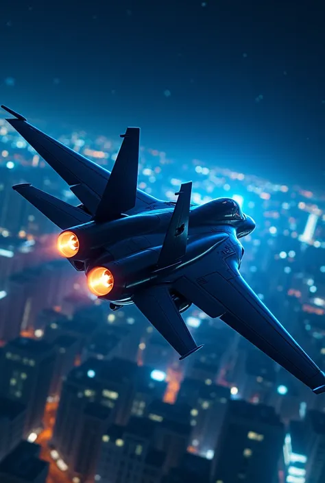 Blue Wing, the fighter aircraft of the superhero Blue Hawk, flying at night in the city.