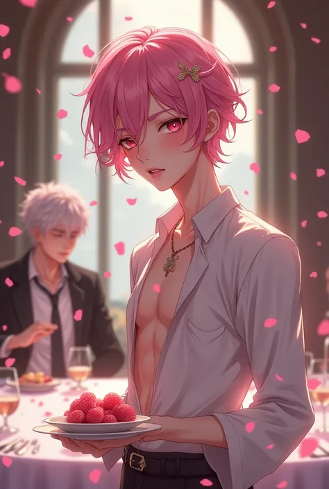 a beautiful young teenage boy with pink hair and pink eyes, light blush, and a hair ornament, with a baby face and slim, toned, slender body with nice abs and 6 packs, wearing revealing clothes, portrayed as a butler during the medieval times, serving the ...