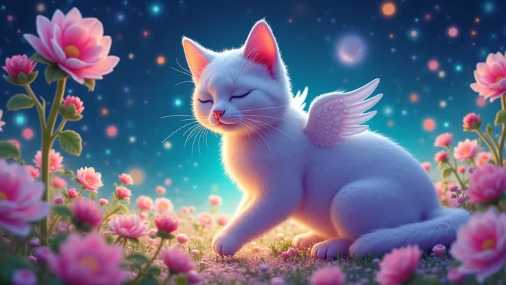 3D fluffy Pixie Kitty stuffed cat, Cat Angel、(Floating while asleep　above the colorful Tokyo nightscape),3D Kitty Cat in a cosmic maelstrom nebula, rendered in cosmic beach whirlpool engine, volumetric lighting, spectacular, ambient lights, light pollution...